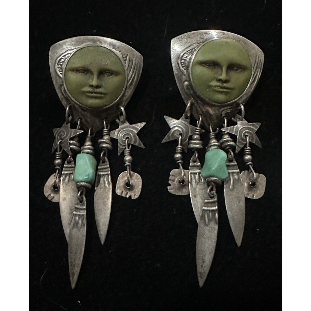 Tabra Vintage Earrings Sterling Silver Green Moonface Fringed Turquoise Signed